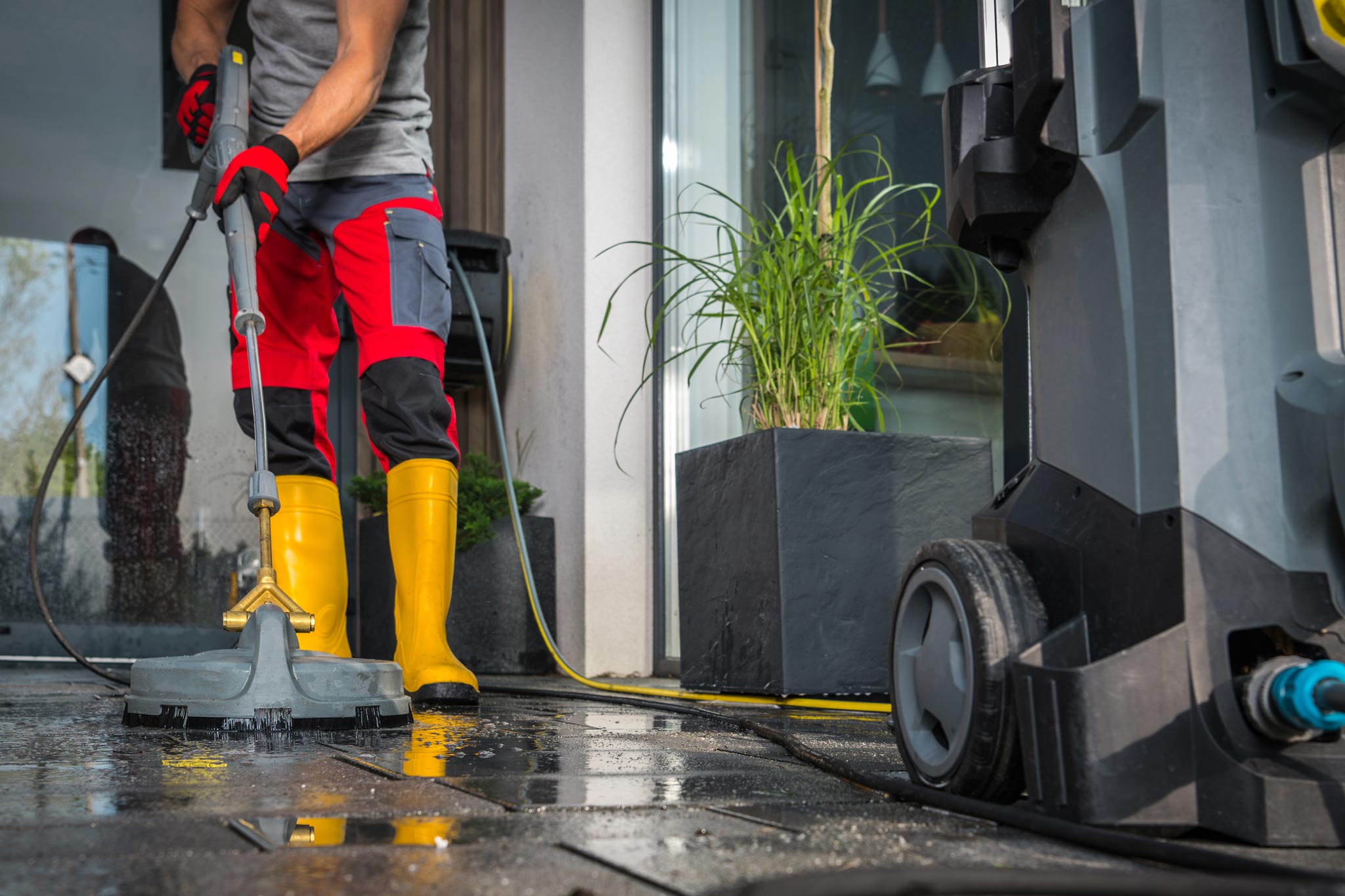 Arbeiter reinigt Bodenplatten mit Hochdruckreiniger – professionelle Flächenreinigung von CleanTown24